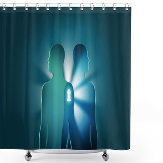 Personality  Unlocking The Mysteries Of Life And Death Concept.Two Human Figures Join Together With Bright Rays And Keyhole Between Them. Shower Curtains