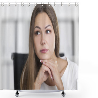 Personality  Close Up Of Pensive Blond Woman In White In Office Shower Curtains