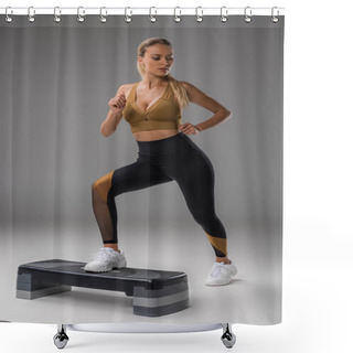 Personality  Sportive Young Woman Exercising On Step Board On Grey Shower Curtains