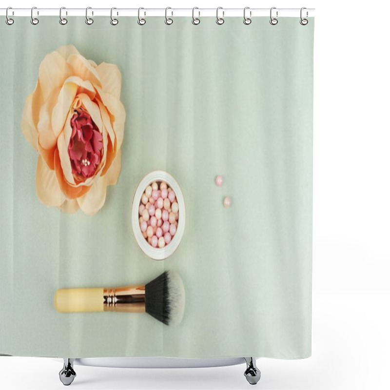 Personality  Valentine's day concept background. Makeup cosmetic accessories and flower on pale grey background. Flat lay. Top view. Copy space shower curtains