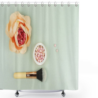 Personality  Valentine's Day Concept Background. Makeup Cosmetic Accessories And Flower On Pale Grey Background. Flat Lay. Top View. Copy Space Shower Curtains