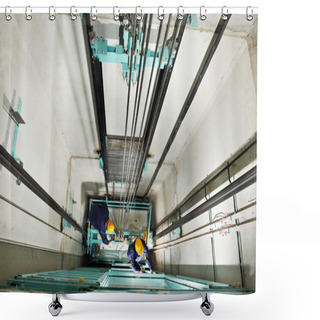 Personality  Machinists Adjusting Lift In Elevator Hoistway Shower Curtains