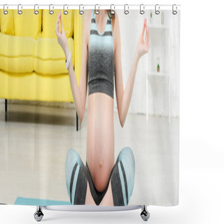 Personality  Cropped View Of Pregnant Woman Sitting In Lotus Pose On Fitness Mat In Living Room, Panoramic Shot Shower Curtains