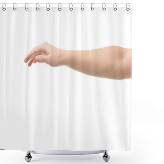 Personality  Cropped View Of Woman With Outstretched Hand Isolated On White Shower Curtains