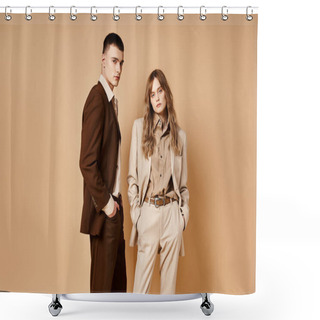 Personality  Loving Elegant Boyfriend And Girlfriend In Chic Suits Looking At Camera On Pastel Background Shower Curtains