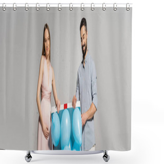 Personality  Elegant And Pregnant Woman Opening Gift Box With Blue Balloons Near Cheerful Husband And Confetti During Baby Shower Celebration On Grey Background, Gender Party, It`s A Boy, Banner  Shower Curtains