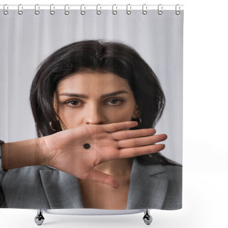 Personality  Businesswoman With Black Dot On Palm Covering Mouth Isolated On White, Domestic Violence Concept  Shower Curtains