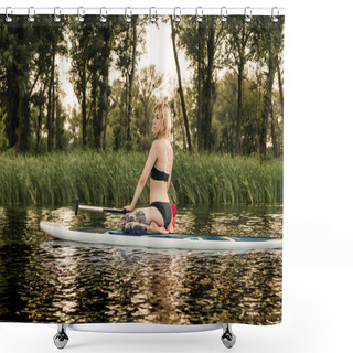 Personality  Beautiful Blonde Girl Sitting On Paddle Board On River Shower Curtains