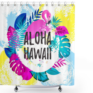 Personality  ALOHA HAWAII Gteeting Banner. Tropical Palm Leaves And Pink Flamingo On Hand Drawn Brush Background. Shower Curtains