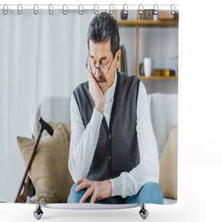 Personality  Retired Man Sitting Near Walking Stick With Closed Eyes Shower Curtains