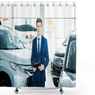 Personality  Manager Standing Between Cars In Showroom Shower Curtains