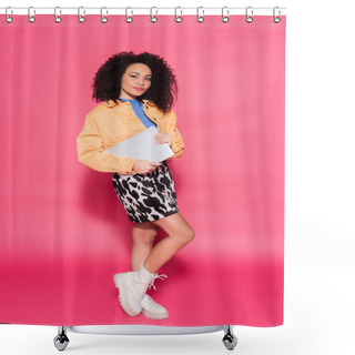 Personality  Full Length Of African American Woman Posing With Laptop On Pink  Shower Curtains