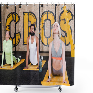 Personality  Young Interracial People Meditating In Cobra Pose In Gym Shower Curtains