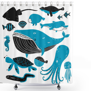 Personality  Set Of Deep Sea Creatures Sketches. Shower Curtains