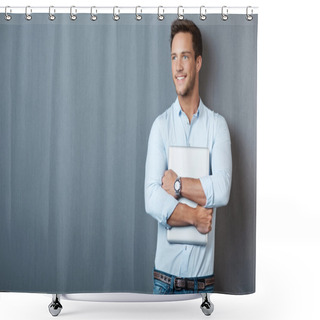 Personality  Portrait Of Smiling Man With Laptop Shower Curtains