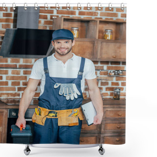 Personality  Professional Home Master With Toolbox And Clipboard Smiling At Camera  Shower Curtains