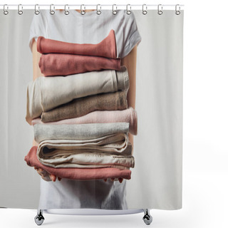Personality  Cropped View Of Woman Holding Folded Ironed Clothes Isolated On Grey Shower Curtains