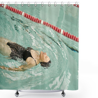 Personality  Sportive Middle Aged Woman Swimming On Back In Pool, Swim Cap And Goggles, Sport, Healthy Lifestyle Shower Curtains