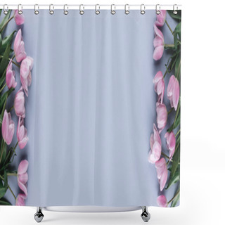 Personality  Pink Tulips Flowers Over Light Blue Background. Greeting Card Or Wedding Invitation. Flat Lay, Top View, Copy Space. Wide Composition Shower Curtains