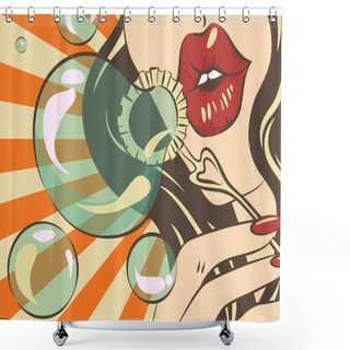 Personality  Blonde Woman In Pop Art Style. Girl Making Soap Bubbles. Vector Retro Styled Illustration. Pastel Vintage Colours. Shower Curtains