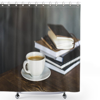 Personality  Close-up View Of Cup Of Coffee And Notebooks On Wooden Table Top Shower Curtains