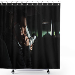 Personality  Focused Male Paparazzi Doing Surveillance By Camera And Talking On Smartphone In Car Male Paparazzi  Shower Curtains