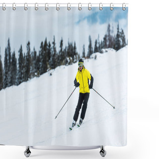 Personality  Skier In Helmet Holding Sticks And Skiing On Slope In Mountains  Shower Curtains