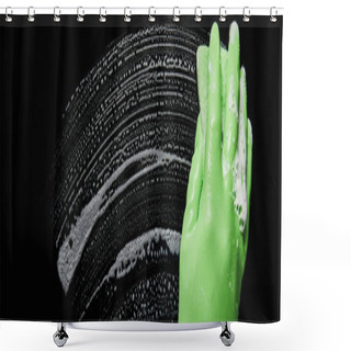 Personality  Panoramic Shot Of Man In Green Rubber Glove Cleaning With Sponge  Shower Curtains