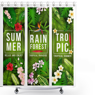 Personality  Tropical Palm Leaf And Exotic Summer Flower Banner Shower Curtains