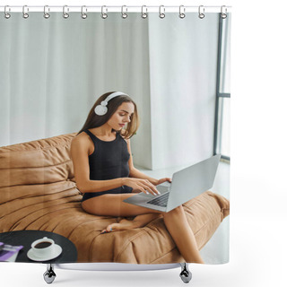 Personality  Barefoot Freelancer In Wireless Headphones Using Laptop And Sitting On Bean Bag Chair, Pretty Woman Shower Curtains