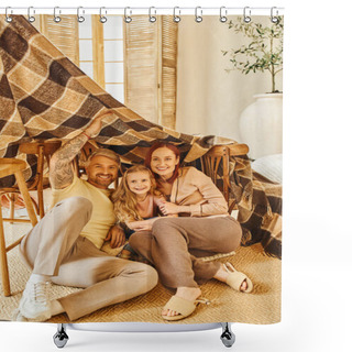 Personality  Excited Parents With Happy Daughter Sitting Under Blanket Hut In Living Room, Playing Together Shower Curtains