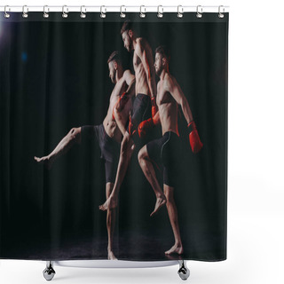 Personality  Multiple Exposure Of Strong Shirtless Muscular Boxer In Boxing Gloves Jumping And Doing Kick Shower Curtains