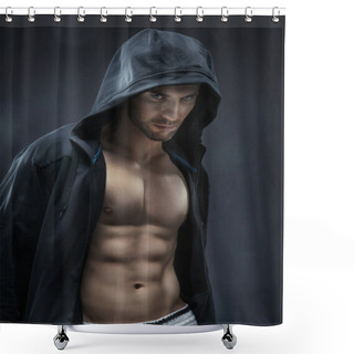 Personality  Muscular And Handsome Athlete Making Muscles Shower Curtains