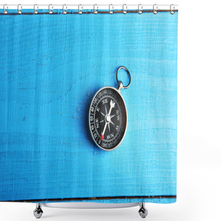 Personality  Compass On Blue Wooden Background Shower Curtains