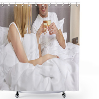 Personality  Smiling Couple With Champagne Glasses In Bed Shower Curtains
