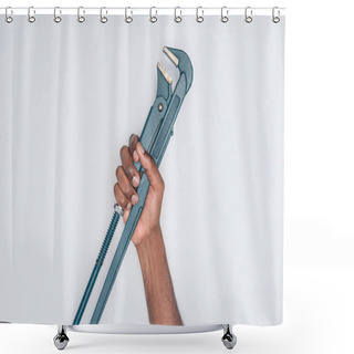 Personality  Cropped Shot Of African American Man Holding Plumber Wrench Isolated On White Shower Curtains