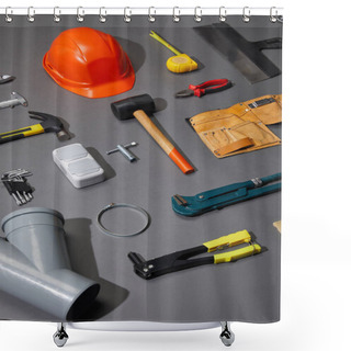 Personality  Flat Lay With Helmet, Tool Belt And Industrial Tools On Grey Background  Shower Curtains