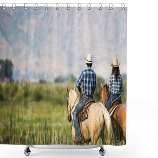 Personality  A Couple Horseback Riding From Behind Overlooking Wide Open Field And Mountains Of Utah Wilderness Shower Curtains