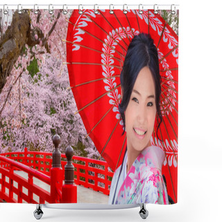 Personality  Japanese Woman In Kimono Dress With Full Bloom Sakura - Cherry Blossom At Hirosaki Park, Japan Shower Curtains