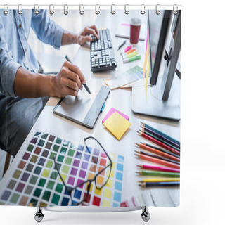 Personality  Image Of Male Creative Graphic Designer Working On Color Selection And Drawing On Graphics Tablet At Workplace With Work Tools And Accessories In Workspace. Shower Curtains