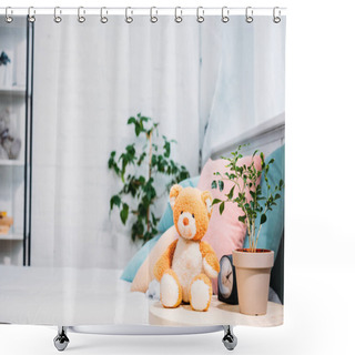 Personality  Teddy Bear With Plant And Alarm Clock In Front Of Bed Shower Curtains