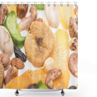 Personality  Close Up View Of Turkish Assorted Nuts, Dried Fruits And Candied Fruit Isolated On White Shower Curtains