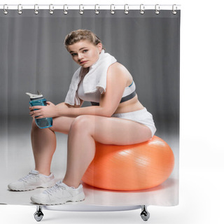 Personality  Young Overweight Woman With Towel And Bottle Of Water Sitting On Fit Ball And Looking At Camera On Grey  Shower Curtains