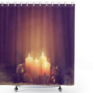 Personality  Four Yellow Burning Advent Candles. Christmas Card. Shower Curtains