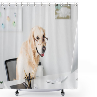 Personality  Business Golden Retriever In Glasses In Office Shower Curtains