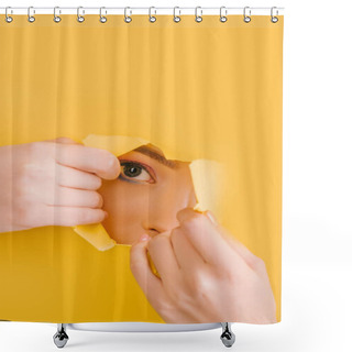 Personality  Cropped View Of Beautiful Woman Looking Through Yellow Paper Torn Hole Shower Curtains