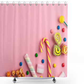 Personality  Colored, Different Sweets, Lollipops, Marshmallows, Caramel Popcorn On A Pink Background. Copy Space. Top View, Sweets Concept Shower Curtains