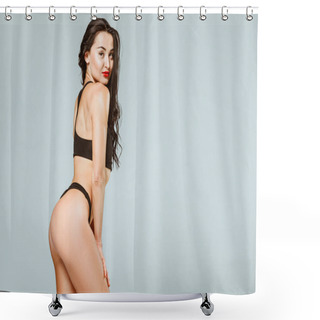 Personality  Side View Of Seductive Woman Posing In Sport Bra And Panties Isolated On Grey  Shower Curtains