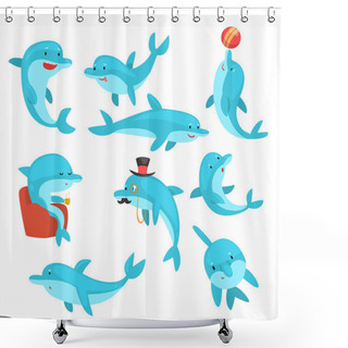 Personality  Cute Dolphins Set, Cartoon Sea Animal Characters Swimming, Jumping, Playing Vector Illustration Shower Curtains