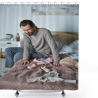 Personality  Grief, Depressed Man Crying Near Baby Clothes, Sitting On Bed, Miscarriage Concept, Heartbreak Shower Curtains